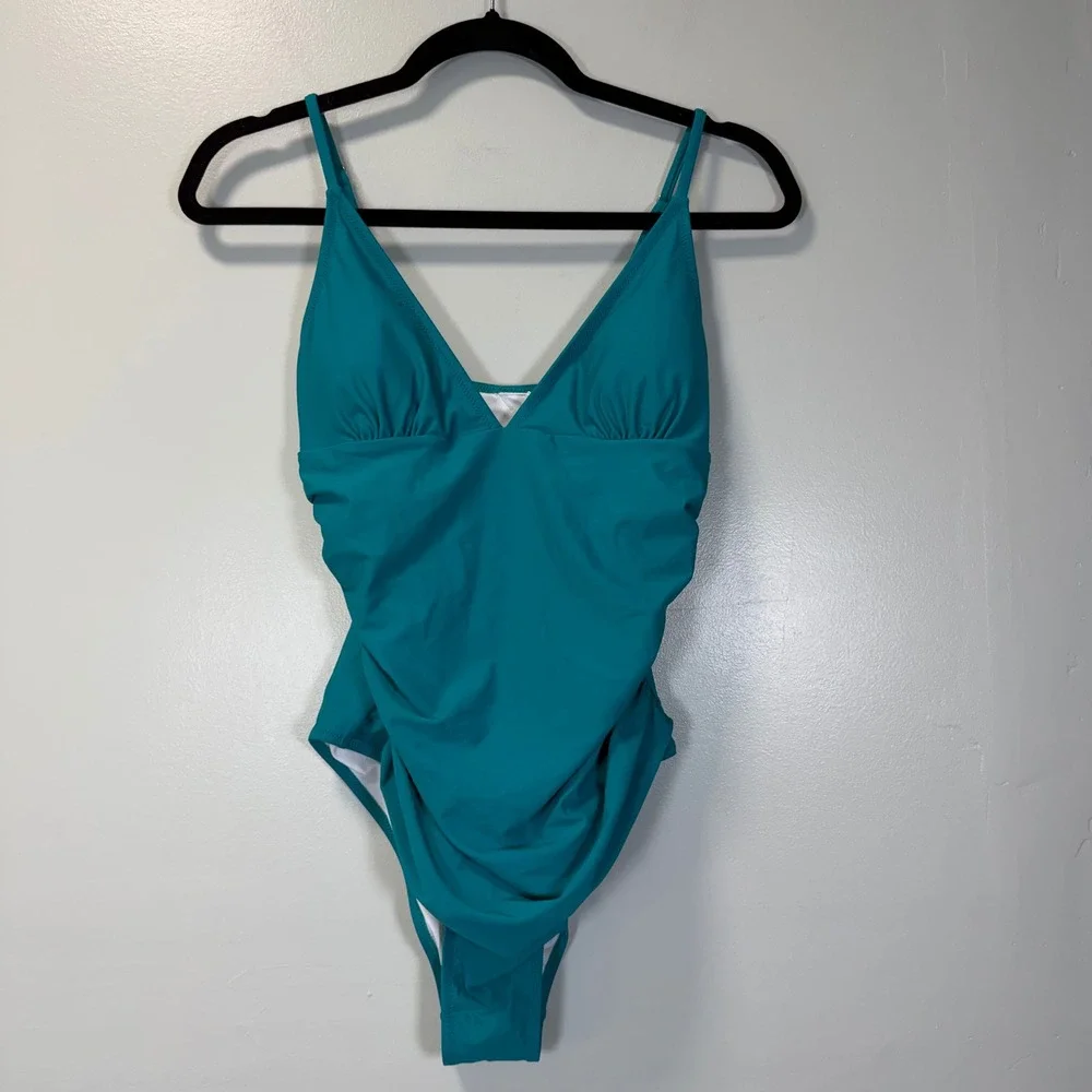 Cupshe Teal Ruched V-Neck One Piece Swimsuit Adjustable Straps NWT Large‎